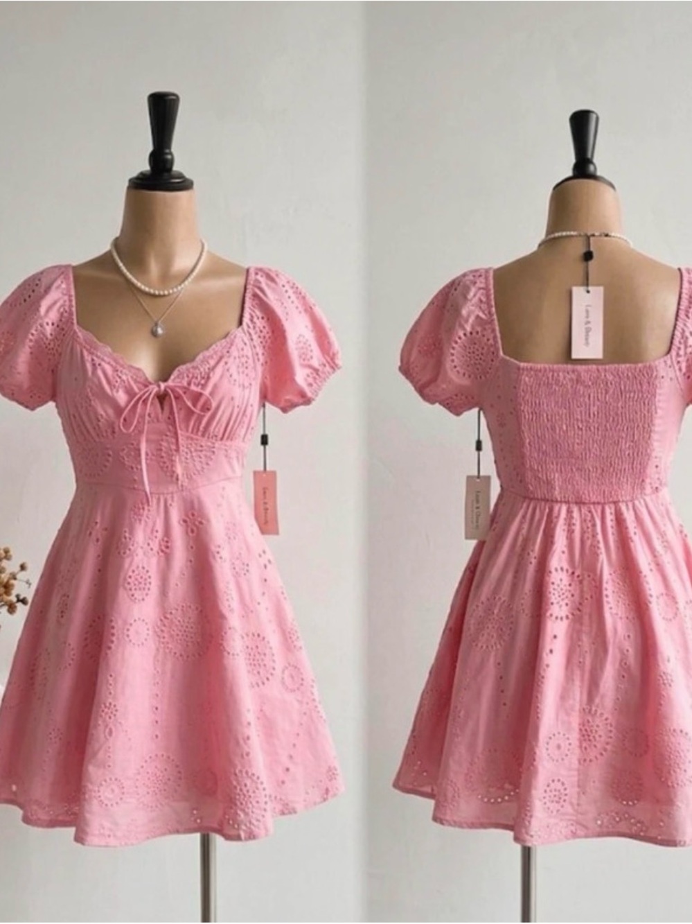 Sweetheart Pink Eyelet Mini Dress with Puff Sleeves